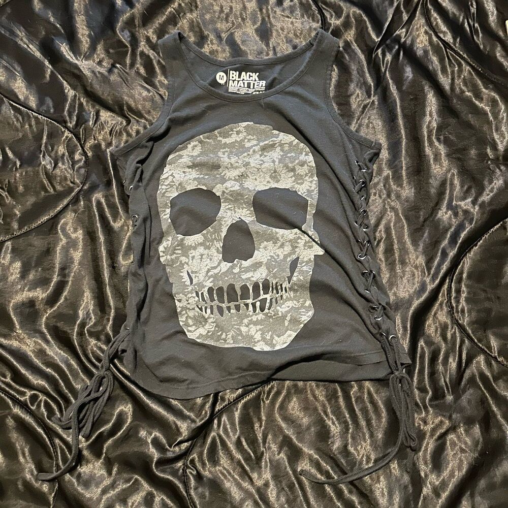 Black Matter Womens Skull Distressed Goth Racerback Tank Top Size Medium